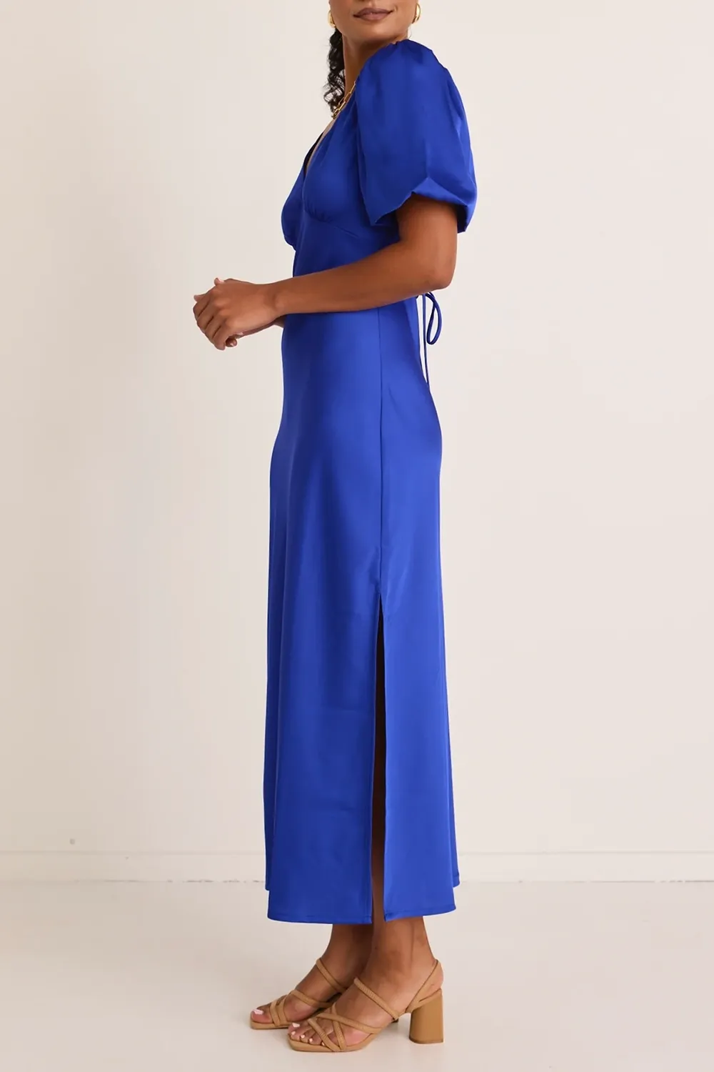 Aura Electric Blue Puff Sleeve Bias Maxi Dress