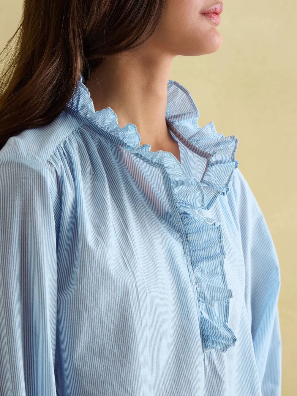 Regular Blue/White Cotton Ruffle Blouse