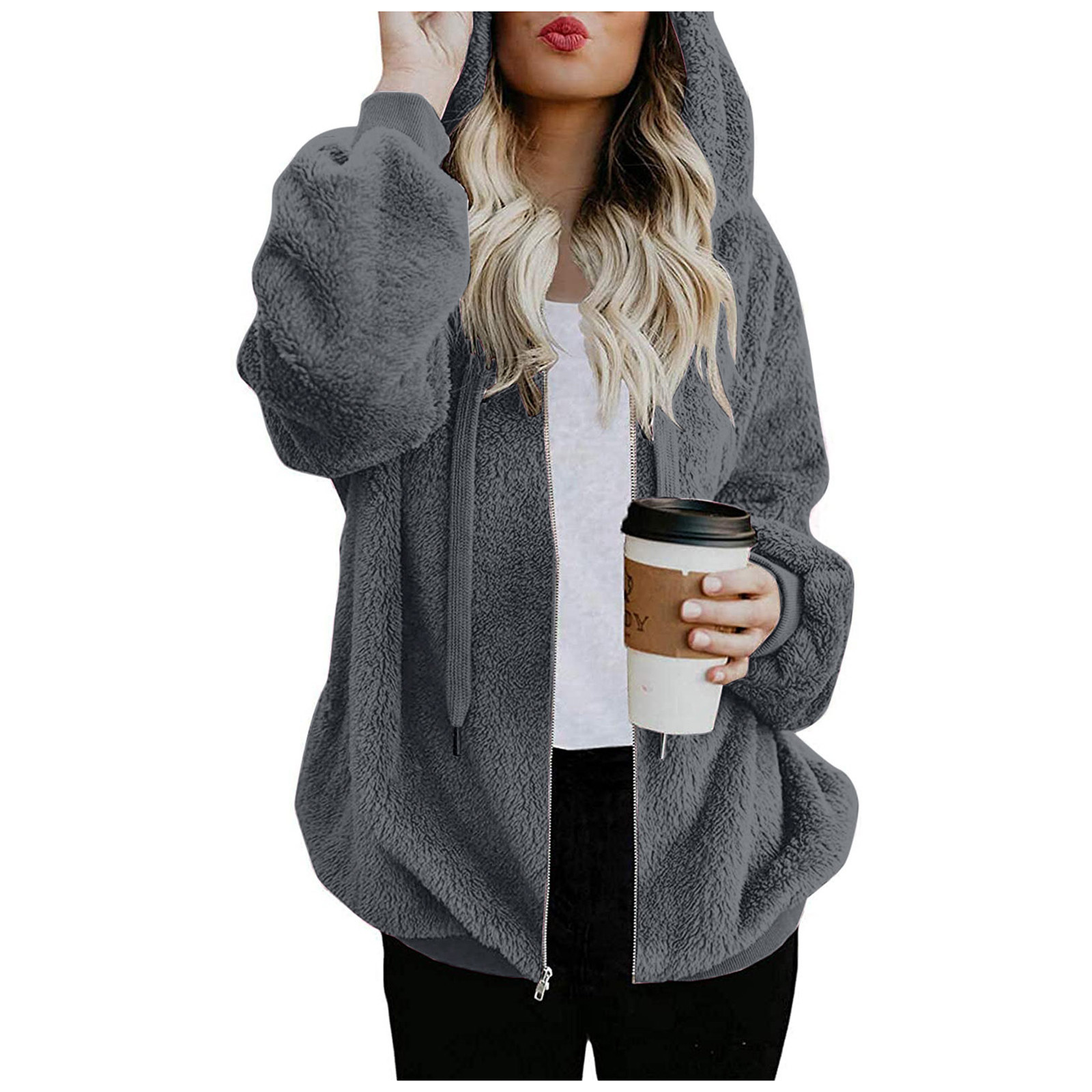 Solid Plush Drawstring Hooded Zip Coat