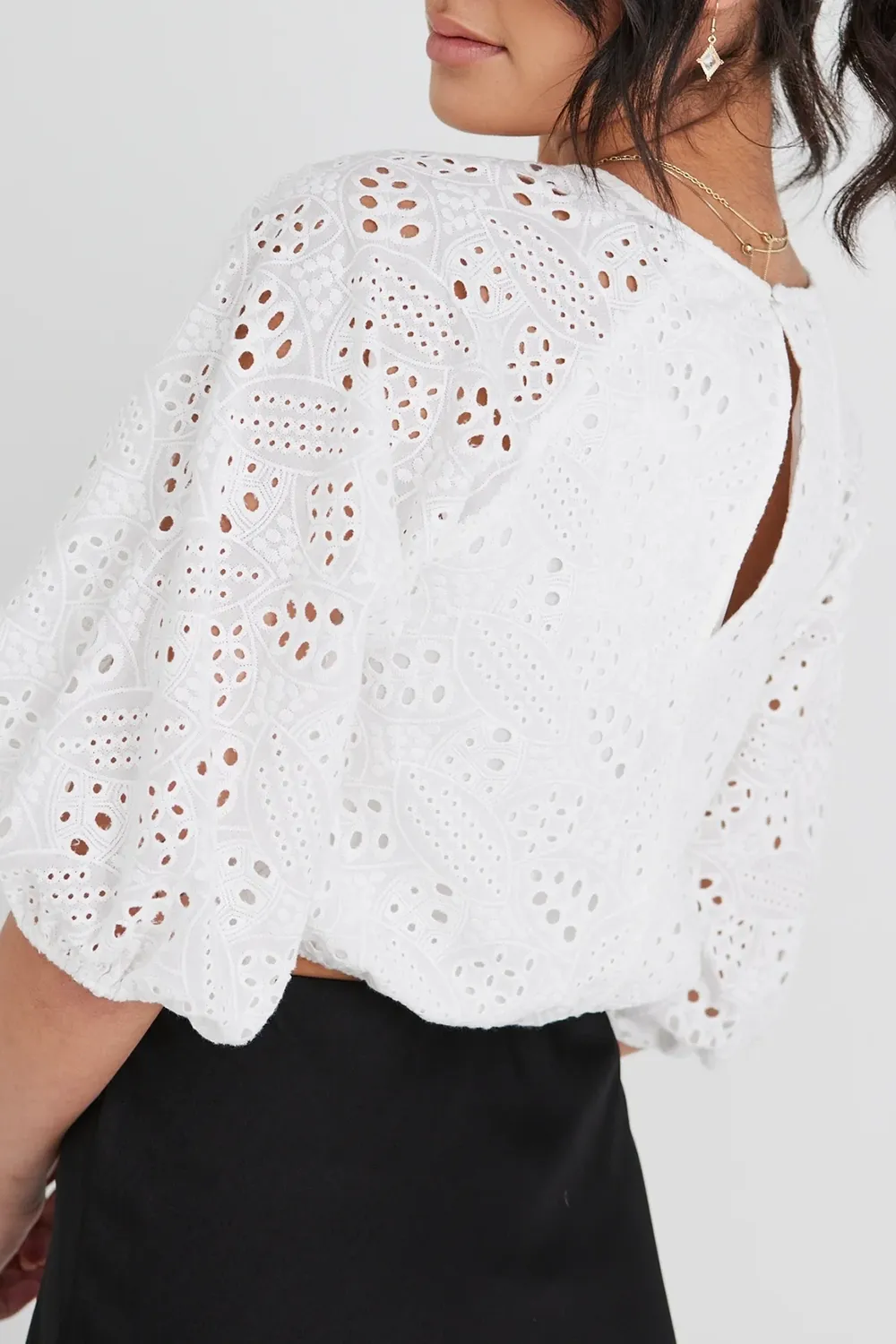 Embellish White Broidery Anglaise Cropped Puff Sleeve Top