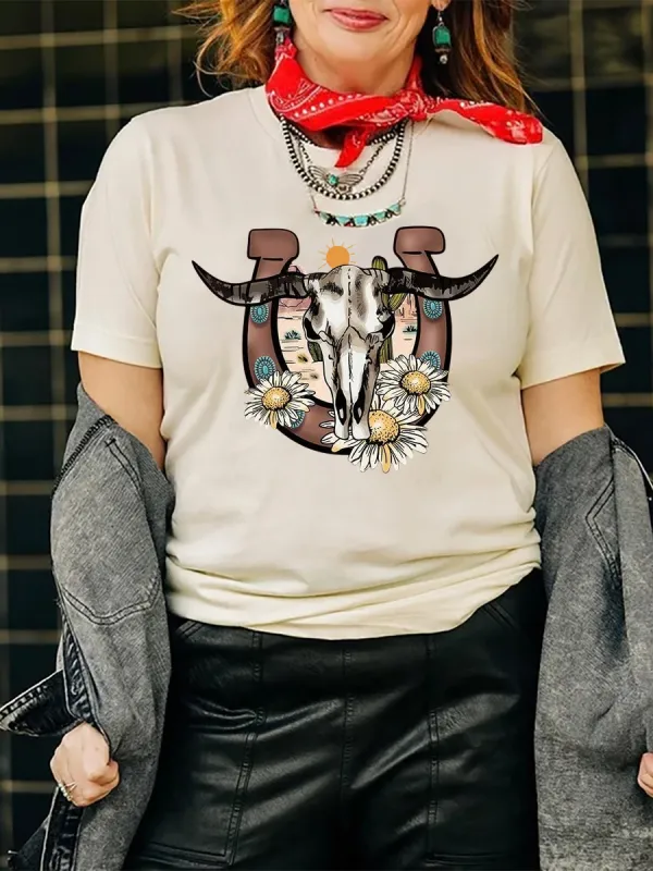 Women Vintage Cow Skull T-shirt