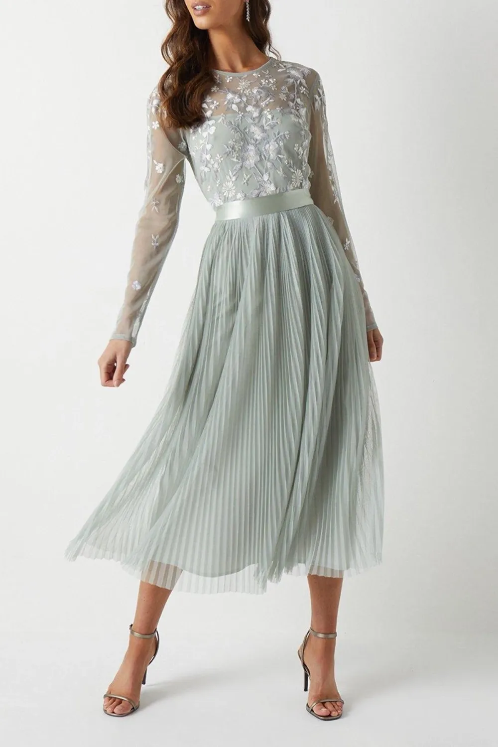 Embroidered Floral Bodice Pleated Bridesmaids Midi Dress