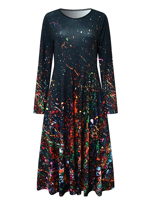 Women‘s Casual Dress Swing Dress Midi Dress Blue Yellow Rainbow Long Sleeve Color Gradient Pocket Print Winter Fall Crew Neck Vacation Casual Fall Dress 2023 S M L XL XXL 3XL