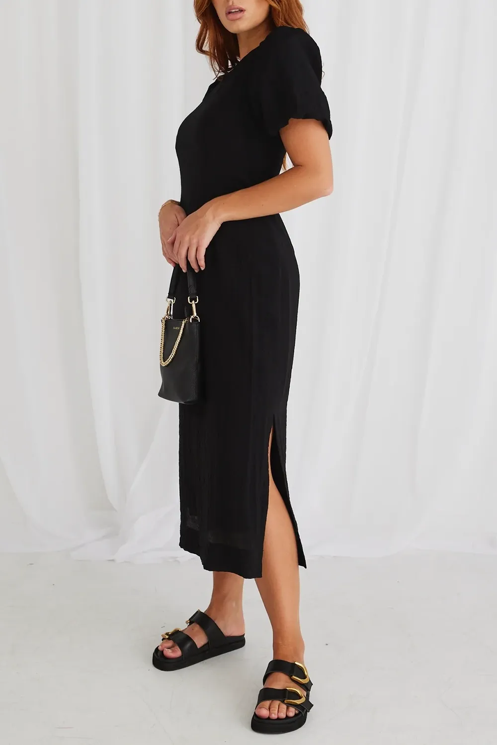 Elder Black Puff Sleeve Tie Midi Dress