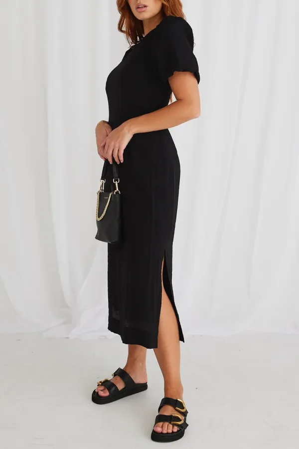 Elder Black Puff Sleeve Tie Midi Dress