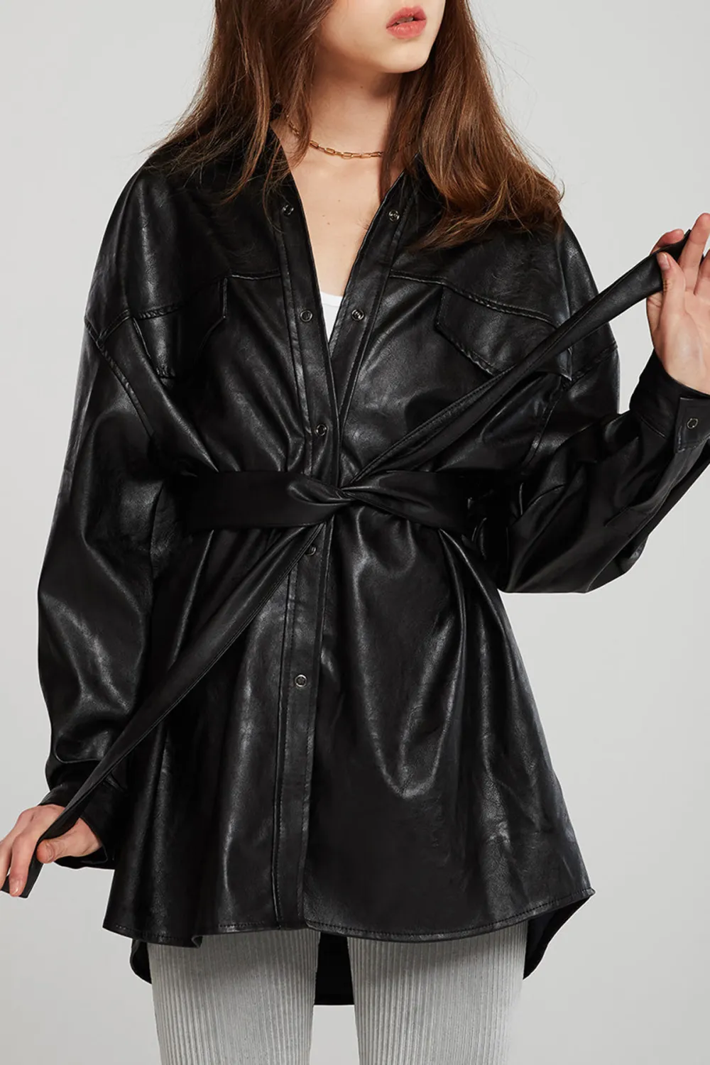 Louise Oversized Pleather Shirt w/Belt