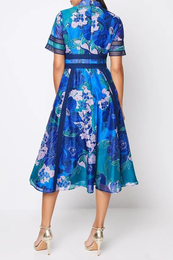 Printed Organza Lace Trim Mix Shirt Dress