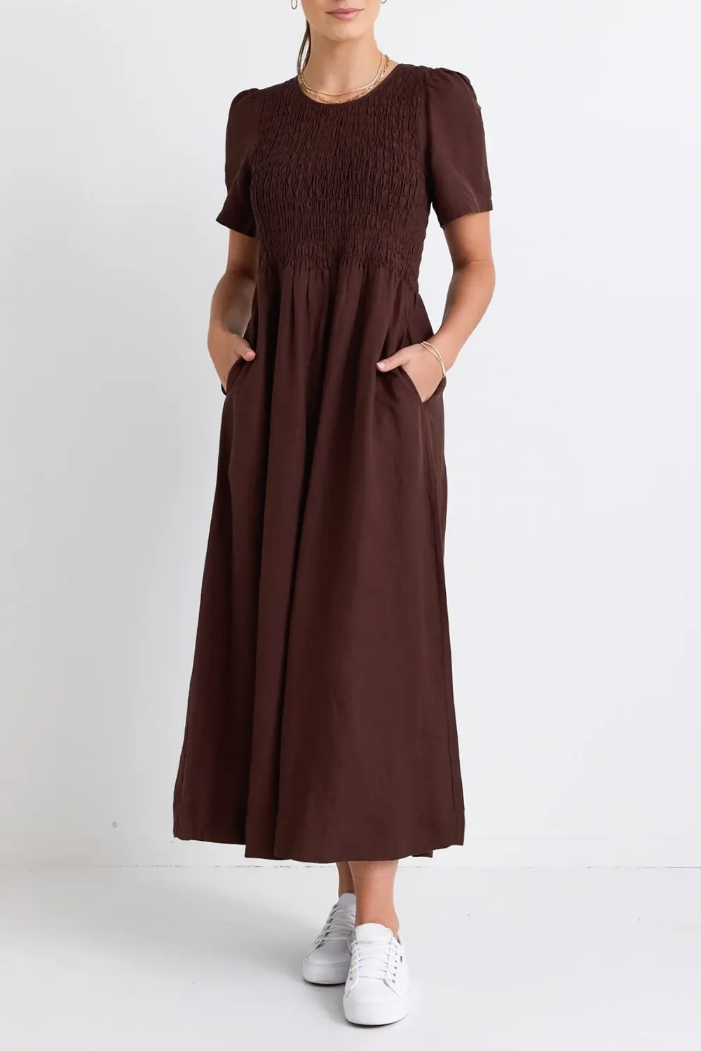 Wren Chocolate Linen Blend SS Shirred Bodice Midi Dress