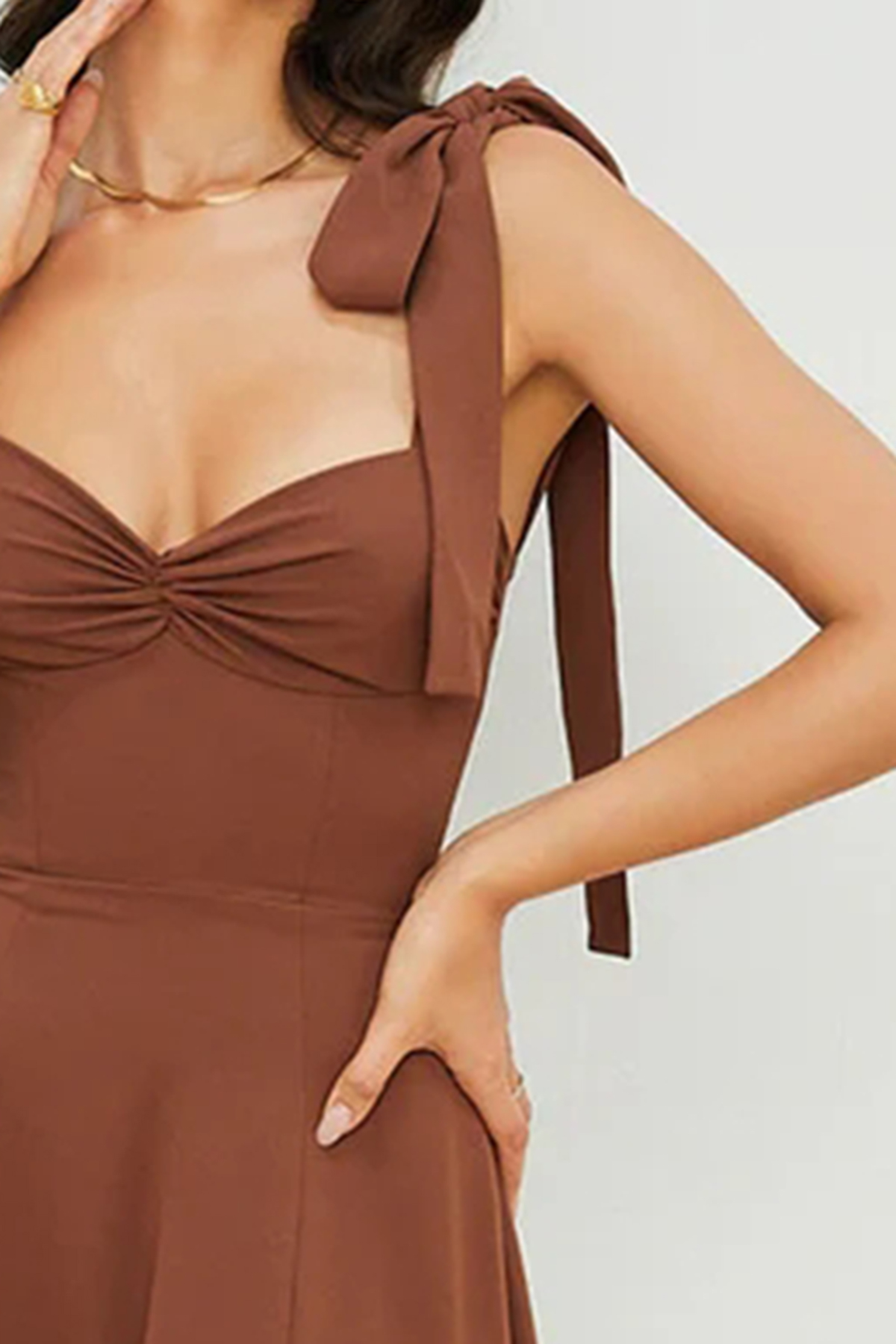 Tie Strap Fit & Flare High Slit Slip Midi Dress - Chocolate