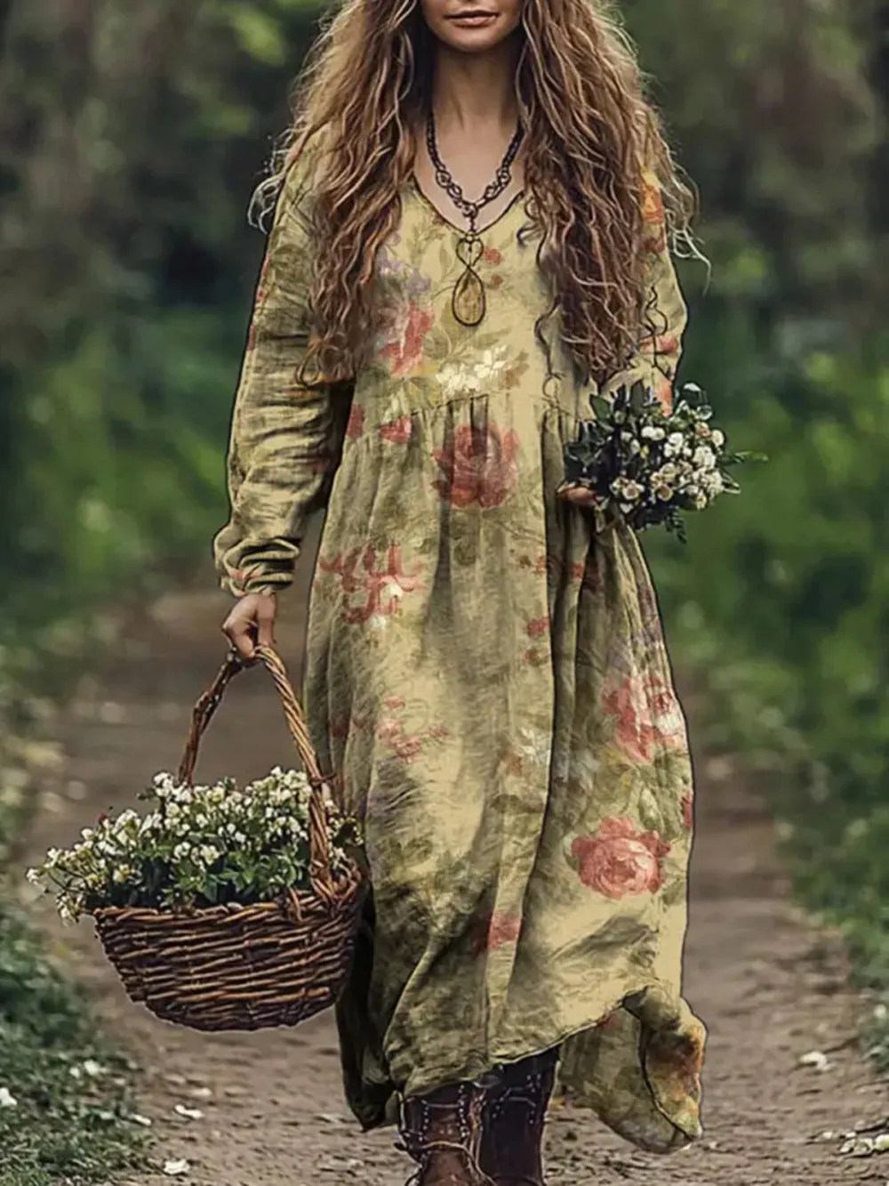 Retro Floral Art Print V-Neck Elegant Chic Loose Long Sleeve Midi Dress