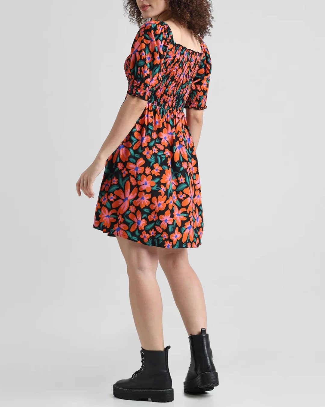 Black Floral Smocked Dress