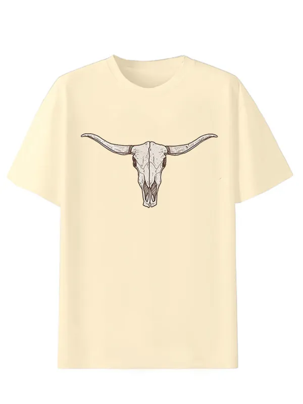 Retro Western style Cow Head Pattern T-shirt