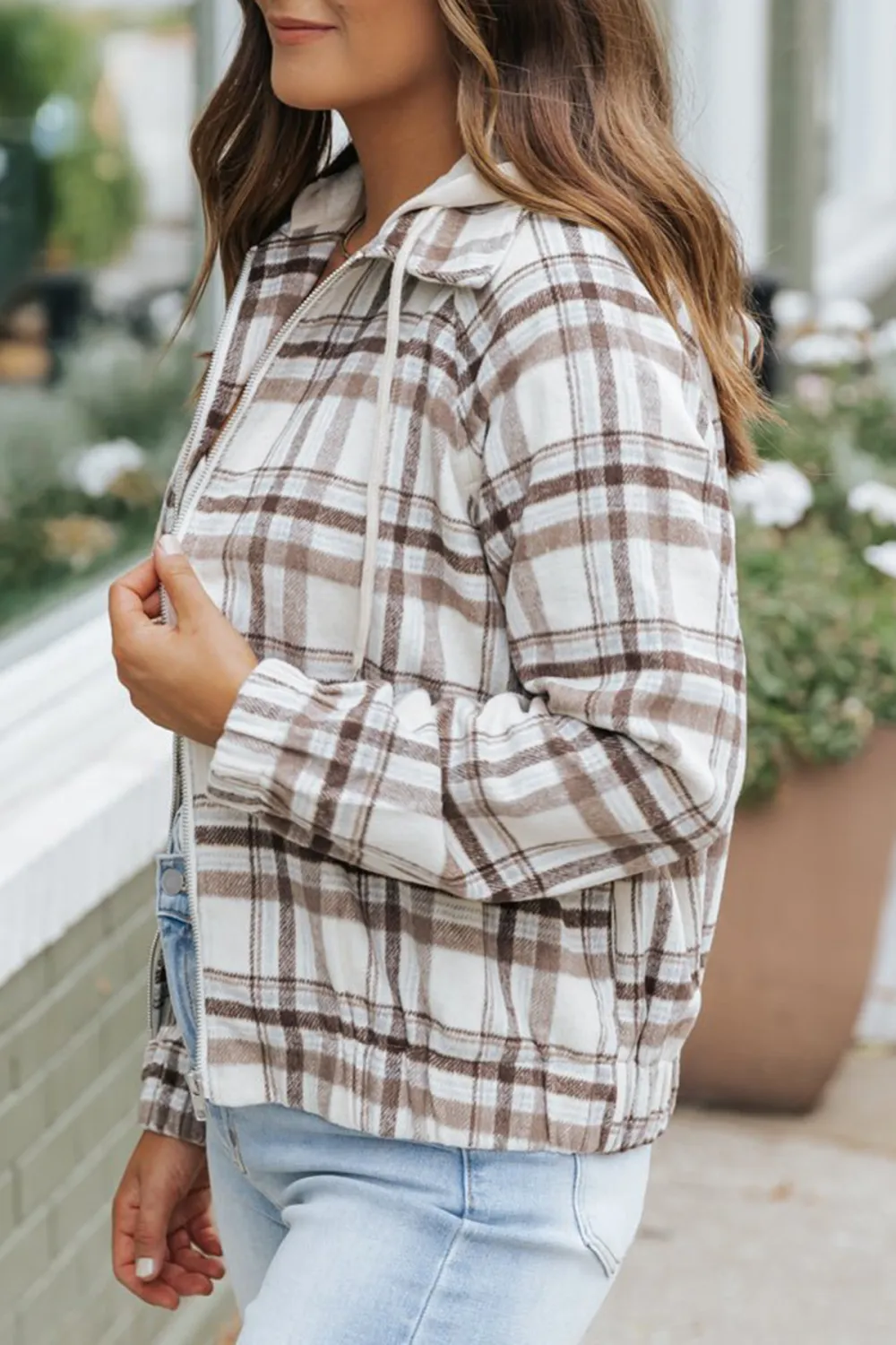 Brown Plaid Hooded Zip Up Jacket