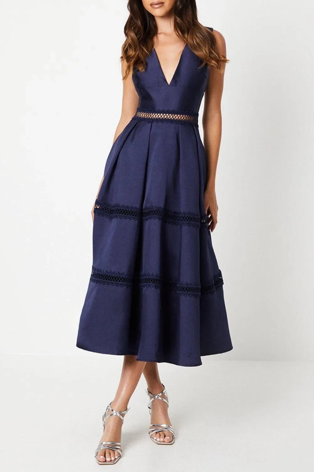 Plunge Neck Twill Midi Dress With Lace Trims