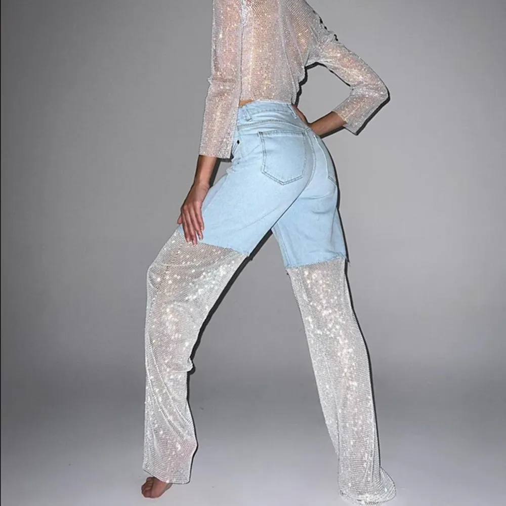 Night Moves Crystal Mesh Wide Leg Jeans