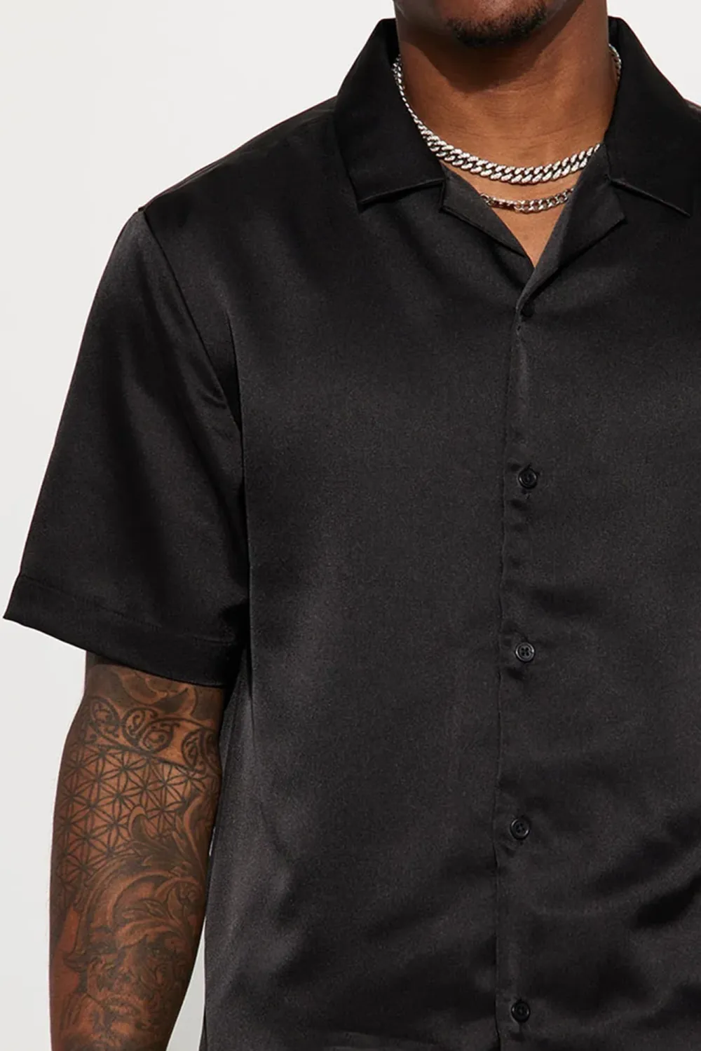 Links Satin Short Sleeve Button Up Shirt - Black